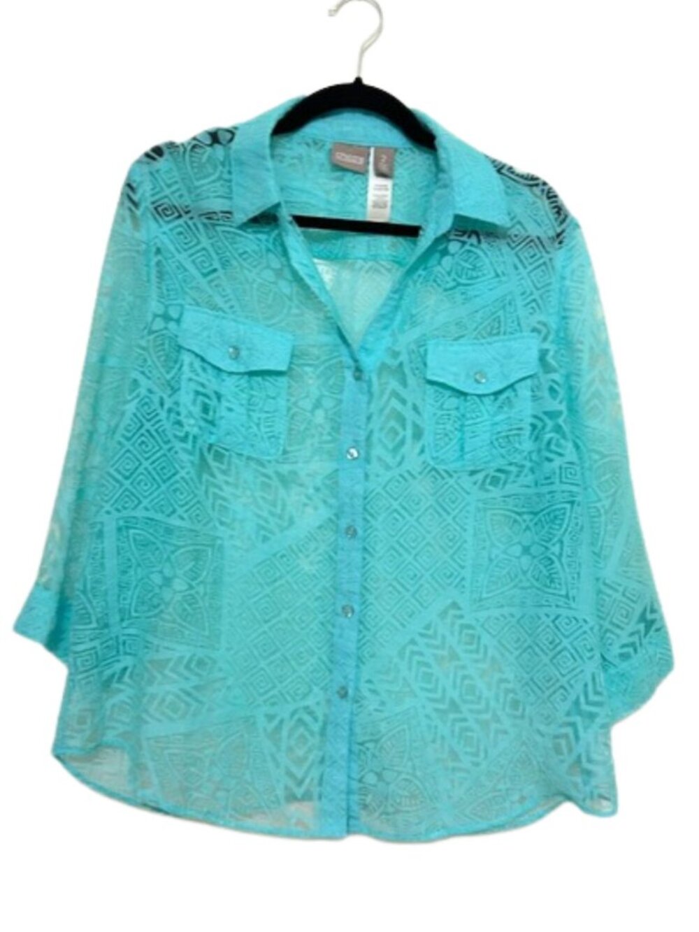 Chico's Size 2 (us L / 12) Burnout Sheer Button Front Blouse 3/4 Sleeves